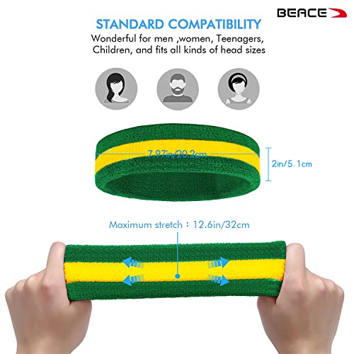 BEACE Sweatbands Sports Headband for Men & Women - Moisture Wicking Athletic Cotton Terry Cloth Sweatband for Tennis, Basketball, Running, Gym, Working Out - color: Red Whi Blu/Rainbow/GR YE GR