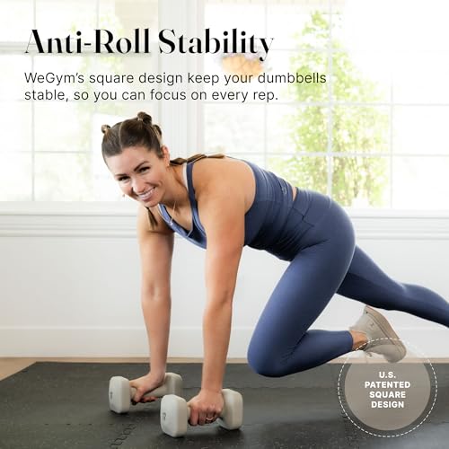 WeGym SafeGrip Square Dumbbells with Anti Slip Handles, Aesthetic Free Weights for Home Workouts, Stable Design Prevents Rolling during Floor Exercises - color: Sandstone, style: 15LB Pair
