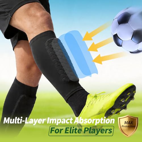 Soccer Shin Guards for Youth Adult, Shin Defender Calf Compression Sleeve with Honeycomb Pads, Lightweight Protective Shin Pads for Football, Ski, Basketball, Boxing, Includes Mesh Carry Bag