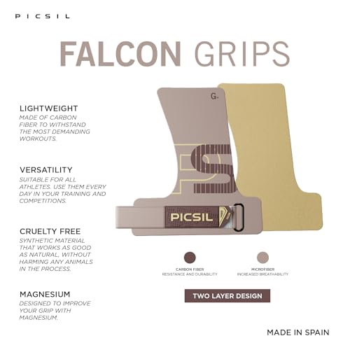 PICSIL Falcon Grips Pack, Carbon Fiber Grips, Use with Chalk | Includes professional grips, wrist wraps, and a carry bag. Ideal for functional fitness, gymnastics, and strength training. - color: Taupe, size: G+(L-XL)