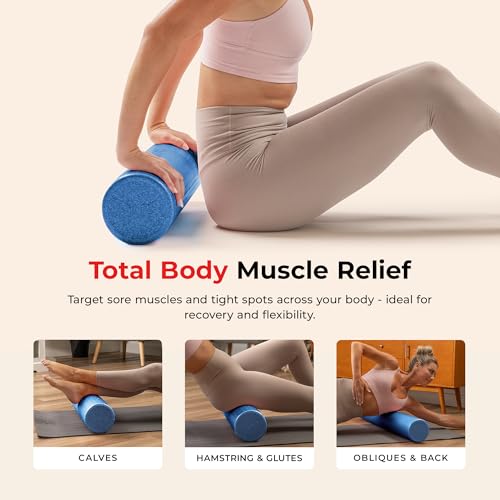 Sunny Health & Fitness High-Density Foam Roller 12" to 36", for Stretching & Muscle Recovery – Black, Blue, Pink - color: Blue, size: 18-Inch