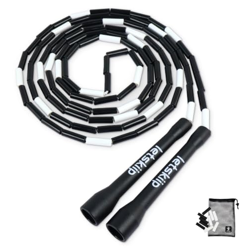 Classic Beaded Jump Rope, Adjustable Tangle-Free Set | 4 styles, segmented skipping rope with shatterproof PP beads, for indoor/outdoor fitness, kids & adults, 10 spare beads & bag - color: Black/White