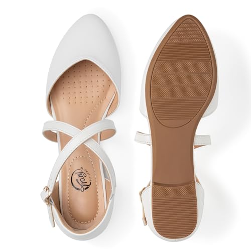 Trary Women's Flats, Black Flats for Women, Wide Width Dress Shoes for Women, Womens Flats, Pointed Toe Flats Ballet Flats for Women, Flats Shoes Women Dressy, Ankle Strap Flats,Closed Toe Flats,Flats - color: White, size: 5