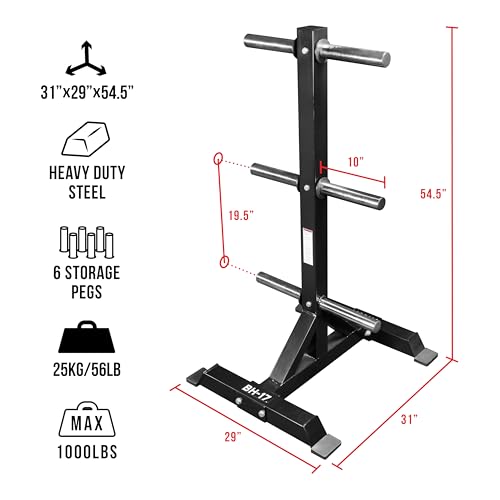 Valor Fitness Weight Plate Rack with Barbell Holders – Heavy-Duty Steel Storage Tree with 6 Pegs and 2 Vertical Bar Sleeves for Standard and Olympic Plates – 800 lb Capacity for Home & Garage Gyms - color: D: BH-17 Bumper Plate Storage Tree