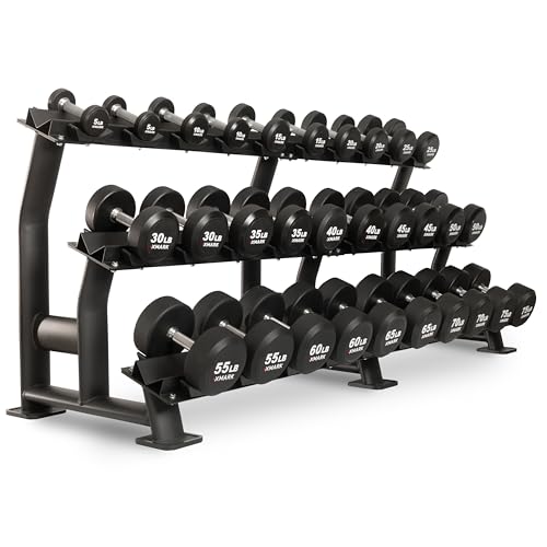 XMARK Dumbbell Weights Sets, 5-50lb and 5-75lb Dumbbell Sets, No Odor, Urethane Dumbbells, Commercial Gym and Home Gym Equipment - color: 05) 5-75lb Round & Classic Rack