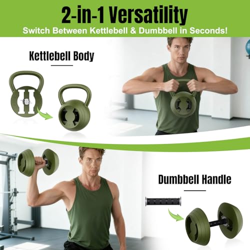 Hezeyferg 2-in-1 Adjustable Kettlebell for Home Gym Strength Training | 15-45 LB Kettlebells Weight Set, 4.8-30 LB Dumbbell Weights, with Wide Grip, for Men/Women Full Body Exercise - color: Green