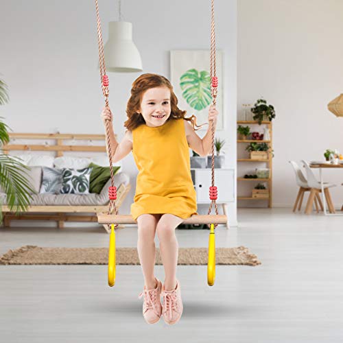 PELLOR Playground Children's Wooden Trapeze Swing Bar with Plastic Gym Rings Swing Set for Indoor & Outdoor Fun - color: Yellow