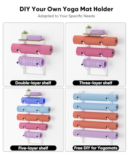 5 Tiers Yoga Mat Holder Rack Wall Mount with 6 Hooks for Hanging Accessory Yoga Strap Foam Rollers Resistance Bands, Yoga Mats Organizer with Floating Shelf for Home Gym Storage Fitness - color: White