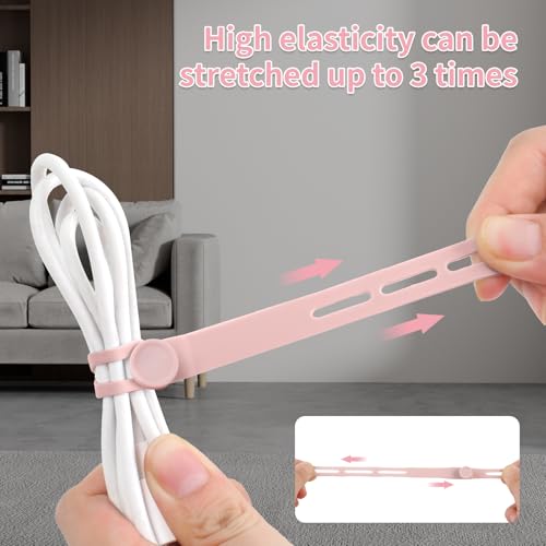 Oligei 25 Pcs Silicone Cable Ties, Cable Ties Reusable, High Elasticity Cord Wraps for Electrical Cords, Cord Organizer for Earphone, Phone Charger(Pink) - color: 25p∣pink