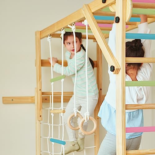 Avenlur Grove 8-in-1 Indoor Jungle Gym with Gymnastic Rings, Climbing Rope, Swing, Slide, Monkey Bars, Rope Wall Net, and Wooden and Rope Ladder - Jungle Play Set for Kids Ages 2-11 Years Old - color: Colored Bars