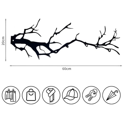 Wall Mounted Coat Hooks - Tree Branch Design with 8 Hooks, Heavy Duty Metal Coat Rack for Wall, Decorative Towel Hooks for Bathroom, Bedroom, Kitchen, Entryway - Black Artistic Hook Rack