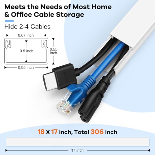 306in Cord Hider Kit, Cord Covers for Wires on Wall, Paintable Wire Cover for Cords, Cable Hider for Wall Mounted TV, White Cord Concealer, Cable Raceway Wire Management, 18x L17in x W0.95in x H0.55in - color: White, size: W0.95in X H0.55in X L306in