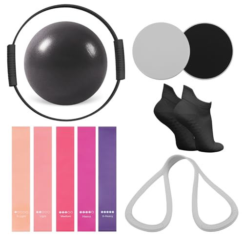 13 PCS Pilates Equipment Kit for Women,Pilates Ring and Ball Set with Resistance Bands,Core Sliders, Socks, Bag & Guide for Starter Home Workout Fitness Gym Essentials - color: Black