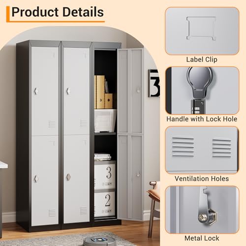 72" Tall 2 Door Metal Locker with Key, Heavy Duty Steel Storage Cabinet with Shelves, Lockable Employee Locker for School, Office, Gym, Home, Garage, Grey & Black - size: 2 Door