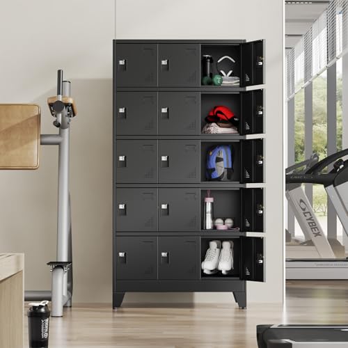 Metal Lockers for Employees-15 Doors Storage Locker with Shelves and Lockable Steel Cabinet for School,Gym,Office,Staff,Assembly Required,Black - color: Black, size: 15Doors