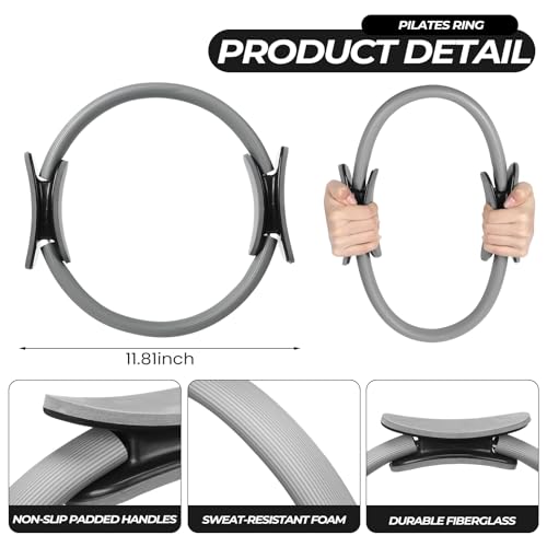 Seenelling 18 Pcs Pilates Ring and Ball Set with Resistance Bands Home Workout Pilates Equipment 11.8 Inch Magic Circle with Padded Handles, Mini Ball for Strength, Toning and Flexibility - color: Grey