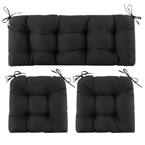 Wicker Chair Cushions of 3 Pieces, Waterproof Cushions for Patio Furniture, Tufted Wicker Outdoor Furniture Cushions, 1 Patio Loveseat Cushion and 2 U-Shaped Cushions, 44"x19"x5", Black - color: Black