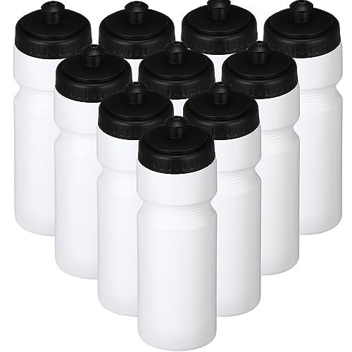 Sunnyray 10 Pcs Squeeze Sports Water Bottle 23 oz Reusable Blank Plastic Sports Water Bottle with Pull Top Cap for Adults Fitness Bike, Dishwasher Safe(White) - color: White