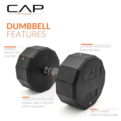 CAP Rubber Coated Dumbbell Weights, Free Weights for Home Gym Strength Training, Anti-Roll Hex Dumbbells with Black, Chrome & Comfort Grip Handles, Pairs & Sets - size: 40 lb - Pair, style: 12-Sided - Black Handle