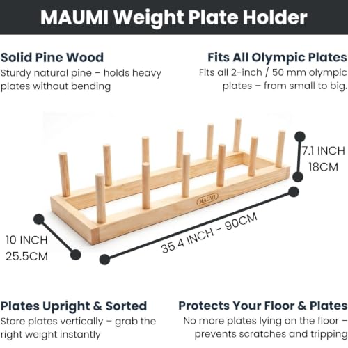 MAUMI Weight Rack for Home Gym - Storage Bumper Plate Rack Holder from Wood | Weight Plate Rack, Weight Plate Holder, Weight Plate Storage, Horizontal Plate Rack, Olympic Plate Rack, 1 2 Inch