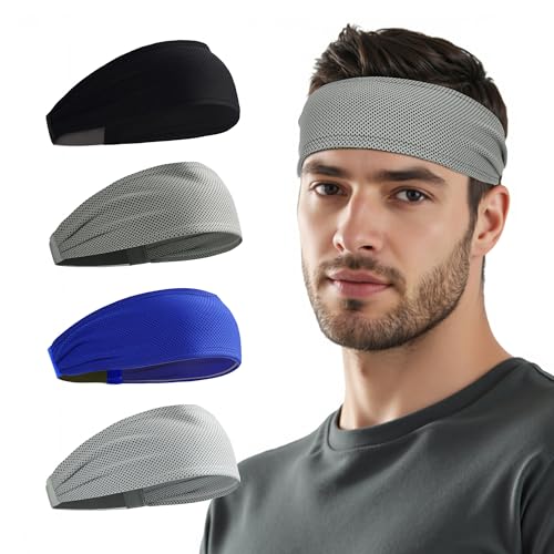 Sukeen Cooling Sports Headbands for Men: Instant Cooling Moisture Wicking Sweatbands Non-Slip Elastic Mens Headband Gym - color: Black/Dark Gray/Royal Blue/Gray, 4 pack