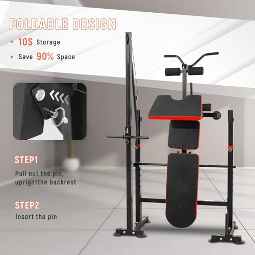 Foldable 1500LBS 8 IN 1 Olympic Weight Bench Set with Squat Rack, Leg Extension/Curl & Preacher Curl, Adjustable Bench Press Set with Safety Bar Catches for Home Gym Full Body Workout - color: ruby red