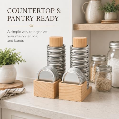 Mason Jar Lid Organizer, 2 Pack Wood Holder for Regular & Wide Mouth | Solid Pine Wood, 2-Pack Set, Regular & Wide Mouth, Holds 26 Rings & 44 Lids, Space-Saving Storage