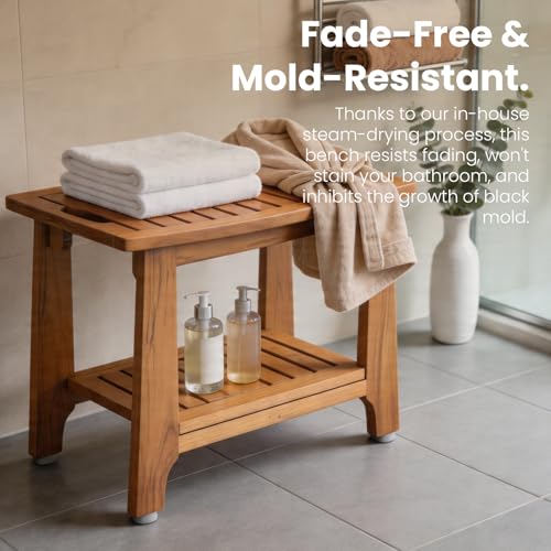 24" Large Teak Shower Bench with Shelf & Handle - Waterproof Spa Stool, Non-Slip Leveling Feet & 300 lbs Capacity - for Showers, Saunas/Steam Rooms & Outdoor Pools (Patented) - size: 24"W x 13" Dx 18"H