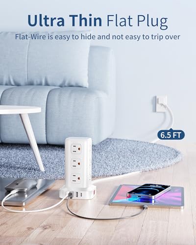 Extension Cord with Multiple Outlets, SMALLRT Flat Plug Power Strip Tower with USB 12 AC Outlets, 6.5FT Ultra Thin Extension Cord Outlet Extender for Home Office, Overload Protection - color: White, size: 6.5 Ft without wireless charging