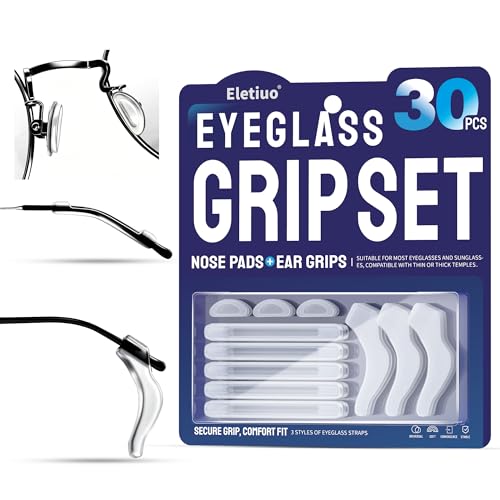 ELETIUO 30 Pcs Eyeglass Grip Set,3-in-1 Anti Slip Silicone Eyeglass Retainers with Nose Pads + Ear Grips+Temple Tips,Comfortable Eyeglass Holder for Glasses,Sunglasses&Reading Glasses,Clear