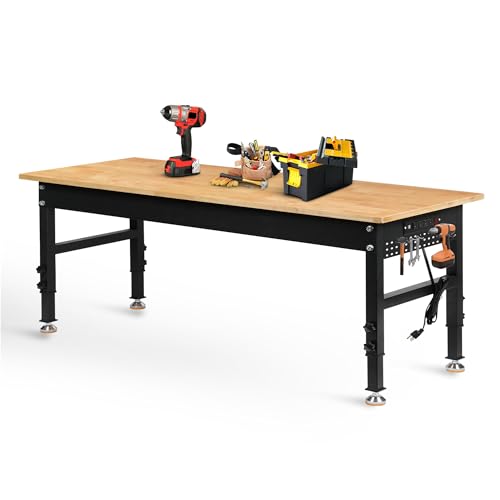 Betterhood 70" Adjustable Height Workbench, 2000 LBS Heavy Duty Work Table with Power Outlets & Pegboard, Rubber Wood Workstation for Garage, Workshop, Office, Home, Commercial - size: Rubber Pad / Pegboard / Power Outlets / 70"x21"