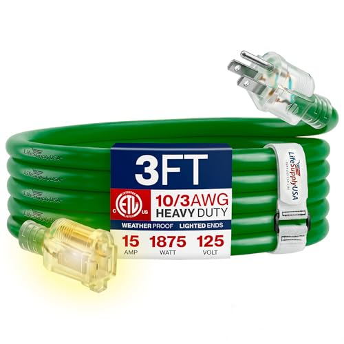 3ft Outdoor/Indoor Extension Cord 10/3 Gauge Ultra Heavy Duty 3 Prong SJTW, Waterproof, ETL Listed, Flexible Cold-Resistant Long Power Cord,15A 125V 1875W, Green by LifeSupplyUSA - color: Green, size: 3 FT, style: 10 Gauge (ULTRA HEAVY DUTY)