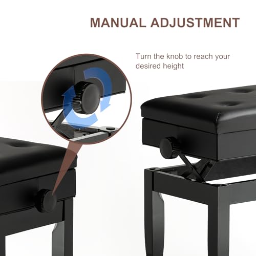 Adjustable Height Piano Bench Stool PU Leather Cushion Wooden Keyboard Seat with Music Storage (Black) - color: Black
