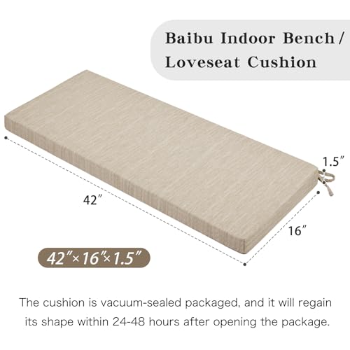 baibu 42 Inch Classic Solid Color Bench Cushion with Ties, Non-Slip Indoor Outdoor Rectangle Bench Seat Cushion Standard Size Foam Pad with Machine Washable Cover (Pure Beige, 42x16x1.5in) - color: Beige, size: 42x16x1.5 Inch (Pack of 1)
