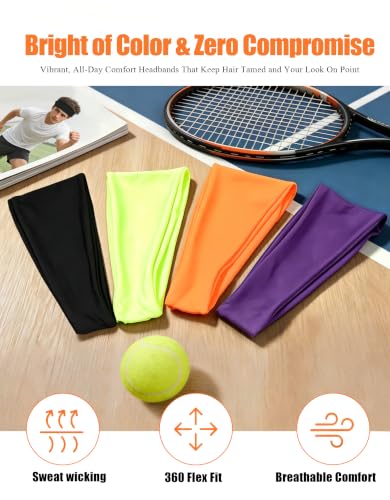 Headbands for Men & Women, Sweat Headband Non-Slip Sweatband Sports Running Cycling Yoga Basketball Workout Football Training - color: Black,Neon Yellow,Neon Orange,Purple