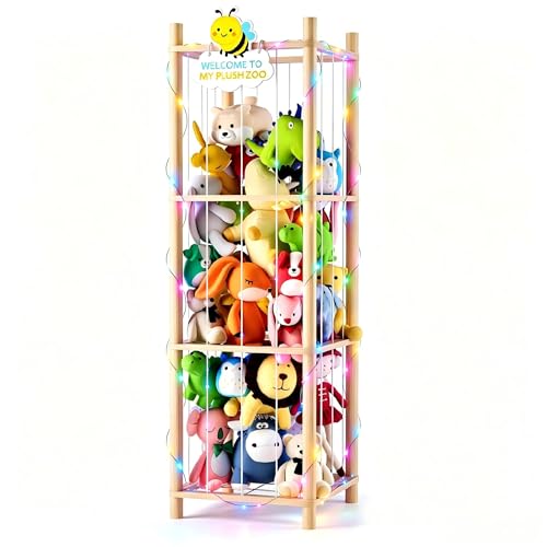 Stuffed Animal Storage Zoo Organizer Natural Pine Plushies Storage with Elastic Bands Vertical Wood Toy Holder Mesh Net Space Saving Design for Playroom Nursery Kids Bedroom - color: Wood Color Bee（yellow Bee Board）