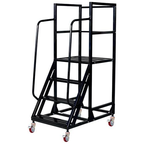 4 Step Rolling Ladder with Handrails, 1100 lbs Capacity Heavy Duty Mobile Warehouse Ladder with Wheels, Industrial Steel Non-Slip Rolling Stairs with Large Platform, for Garage Stockroom Library - color: Black, size: 4 Step