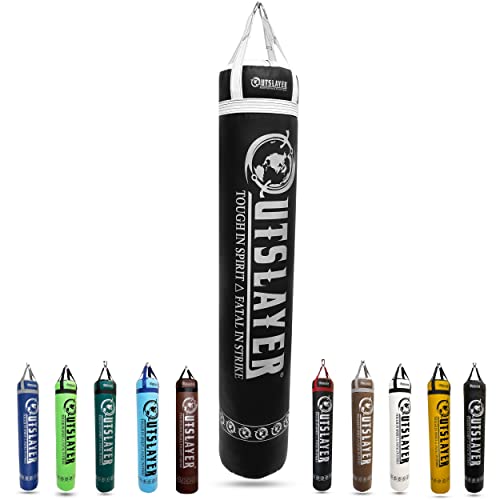 Outslayer Muay Thai Kickboxing Heavy Punching Bag – 6ft 130 lb – Made in USA – for MMA, Boxing & Training - color: Black/White, size: With Bottom D-Ring