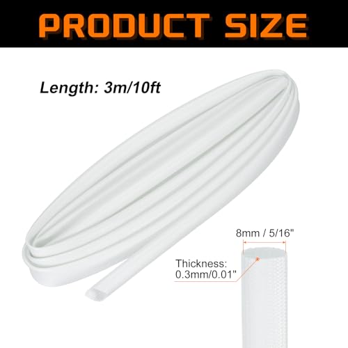 MECCANIXITY 10ft Braided Cable Sleeve, 5/16" ID 200C Heat Resistant 1500V Fiberglass Wire Insulation Cord Protector Organizer Wires Management for Motor Engine Fuel Line, White - color: White, size: 10ft-8mm