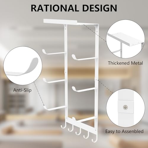 LSK Yoga Mat Holder Wall Mount, 4-Tiers Yoga Mats Storage, White | Home Gym Storage Rack with Floating Shelf for Storing Fitness, Yoga Rollers, 5 Hooks for Skipping-Rope, Small Gym Equipment - color: White