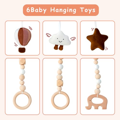 Wooden Baby Play Gym Play Mat Foldable with 6 Hanging Toys for Shower Gift | Baby Activity Frame Natural Pine Wood with 6 Sensory Toys Foldable Montessori Baby Gym with Cotton Mat Newborn Shower Gift