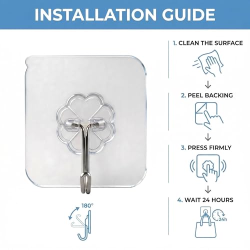 Wall Hooks - 33 lbs Max, Transparent, Seamless, Waterproof & Oilproof, Heavy Duty Adhesive Coat & Towel Hooks (10 Pack)