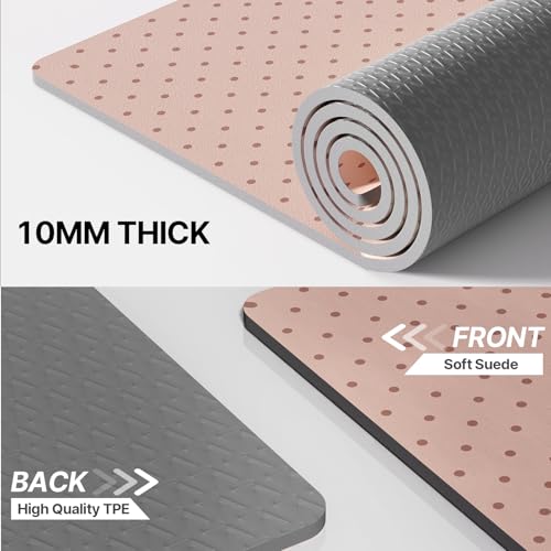 ILILI Yoga Mat 10mm Thick, Suede&TPE Exercise Mat, 76"L*28"W Extra Long, 0.4 Inches Soft and Comfortable, 193*70cm Fitness Mat with Strap, Portable for Yoga, Pilates, Floor Exercise, Home and Outdoor Use, Eco Friendly - color: Pinky Beige