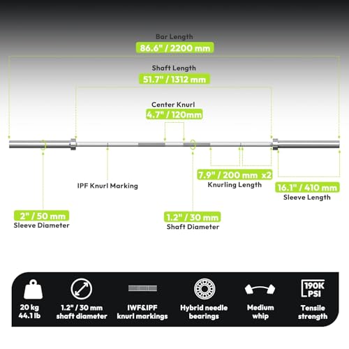 HANDBODE 7 FT Olympic Barbell 45 LB, 2-Inch Standard Weight Bar, 1000 LB | Needle Bearings, Knurled Grip, Hard Chrome Coating, Powerlifting, Bench Press, Deadlift, Squat, Hip Thrusts And Cleans - color: Silver