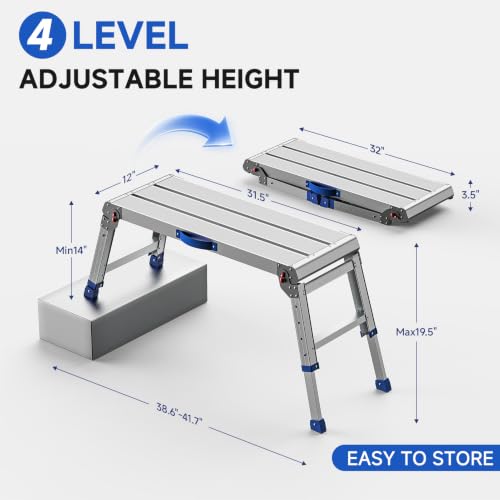Loyoda Folding Work Platform for Adults, Portable Aluminum Step Stool 800lb | 14"-19.5" Adjustable Height, 12" x 31.5" Wide Platform for Garage, Painting, Reach High Shelves, Gardening, Car Wash - size: Large