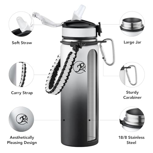 GOSWAG 24oz Insulated Stainless Steel Travel Water Bottle, 2 Lids | with straw and no straw, Paracord handle, Double-wall vacuum keeps drinks cold or hot, Leakproof tumbler - color: Gray-Black Ombré