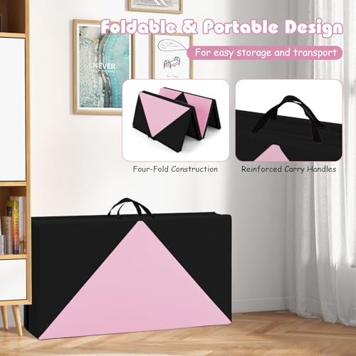 Goplus Gymnastics Mat, Folding Tumbling Mat with Carry Handles, Hook & Loop Fasteners, 4 Panels for Fitness Exercise Yoga Stretching Aerobics Workouts, Thick Gym Mats for Home - color: Pink&Black