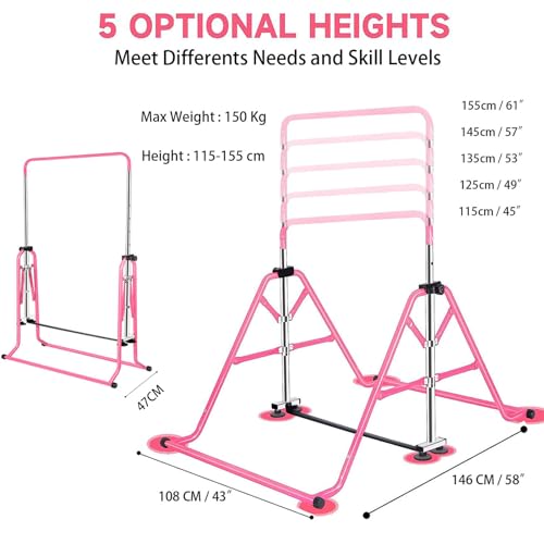 Gymnastics Horizontal Bar, Junior Training Kip Bar Gymnastics Equipment for Home, Adjustable Telescopic Height Folding Horizontal Bar with Gymnastic Rings for 3-12 Years Old Kids - color: Pink