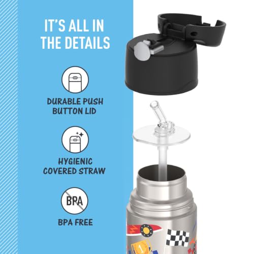 THERMOS FUNTAINER Water Bottle with Straw, 12oz, Hot Rods | Kids Stainless Steel Insulated Water Bottle, Keeps Drinks Cold Longer for School & Play, BPA-Free - color: Hot Rods, size: 12 Ounces