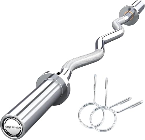 Olympic EZ Curl Barbell Bar, 47" EZ Curl Bar for Weight Lifting, Biceps, Triceps, Back/Leg Muscle Group Exercise,Chrome Curling Bar for 2 Inch Weight Plates,With 2 Spring Collars - color: Silver